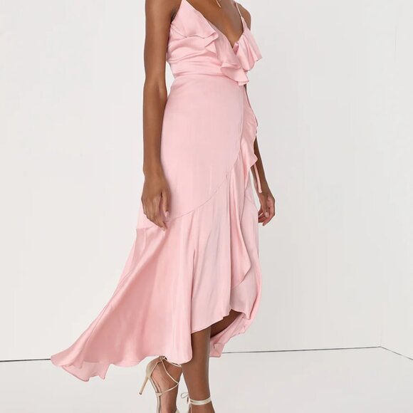 Lulus Glowing Arrival Blush Pink Ruffled Wrap Midi Dress - Picture 2 of 13